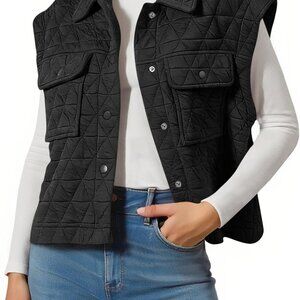 Womens Lightweight Quilted Vests Cargo Button Down Cropped Sleeveless Jackets Fa